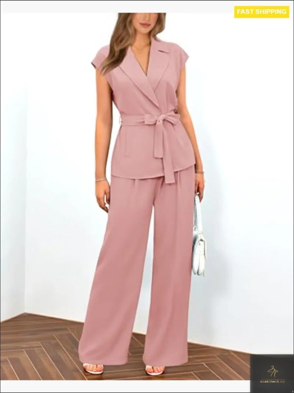 Cap Sleeve V Neck Blazer Vest Wide Leg Pant Set 2 Piece Business Work Outfit